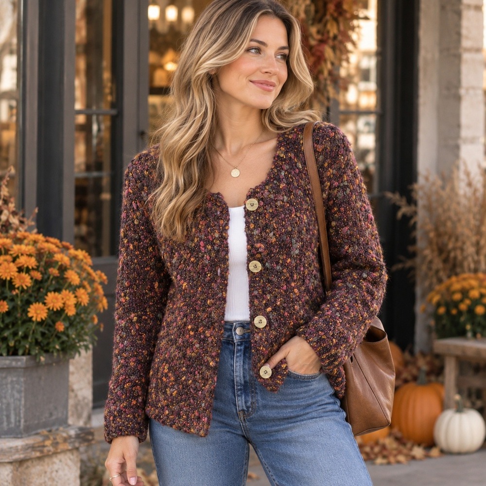 ALPS Cardigan Alpaca Mohair Boucle Confetti Knit Button Front Boho Women's M